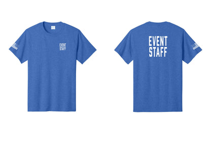 NYC Factory Event Staff T-Shirt, Condensed Lettering - Chest + Back + US Flag Sleeve - Heather Royal
