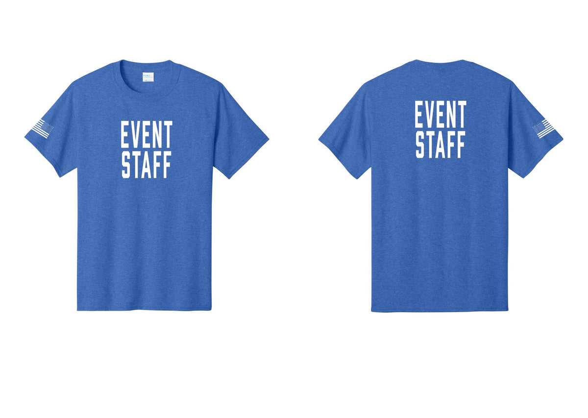 NYC Factory Event Staff T-Shirt, Condensed Lettering - Front + Back + US Flag Sleeve - Heather Royal