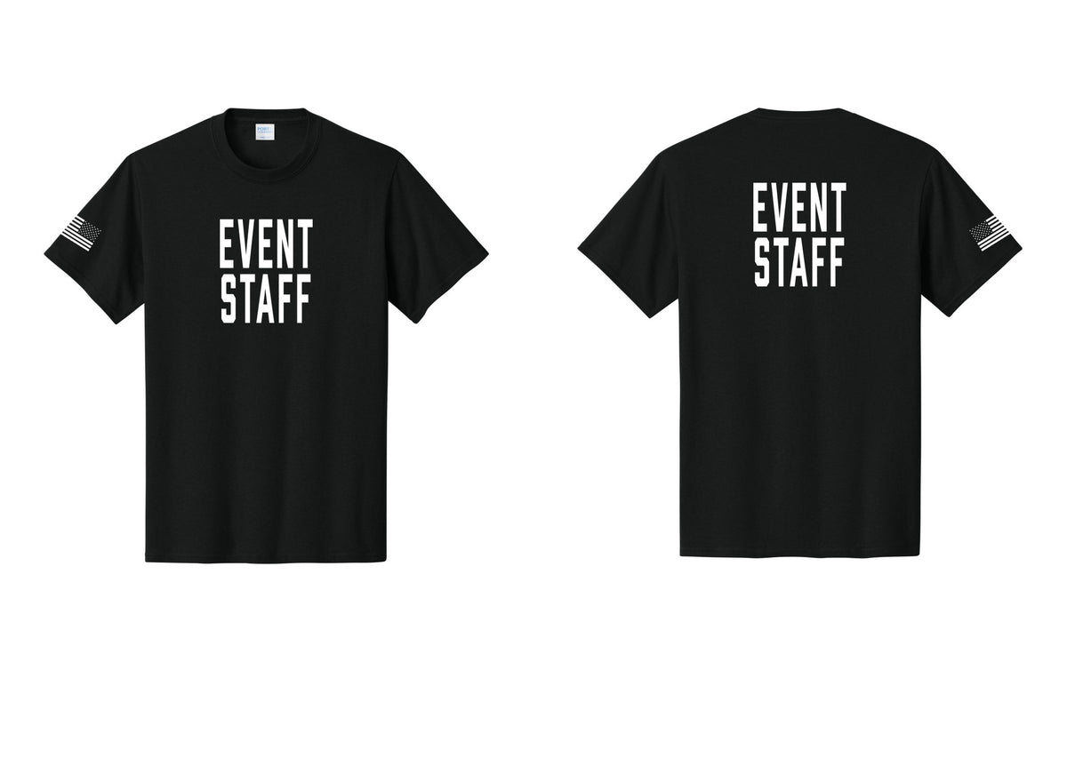 NYC Factory Event Staff T-Shirt, Condensed Lettering - Front + Back + US Flag Sleeve - Black