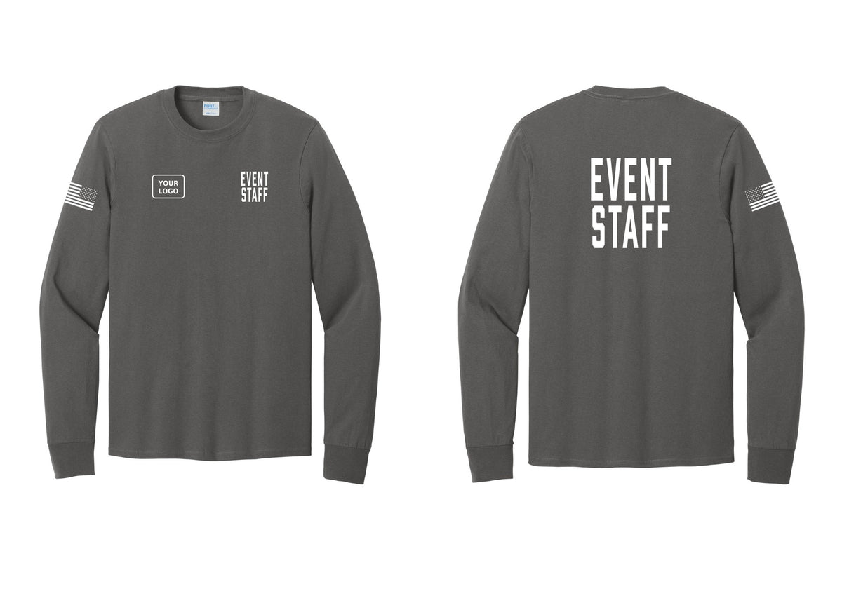 NYC Factory Custom Logo Event Staff Cotton Long Sleeve T-Shirt (Classic) - EVENT STAFF + Your Logo + Back + US Flag Sleeve - Charcoal