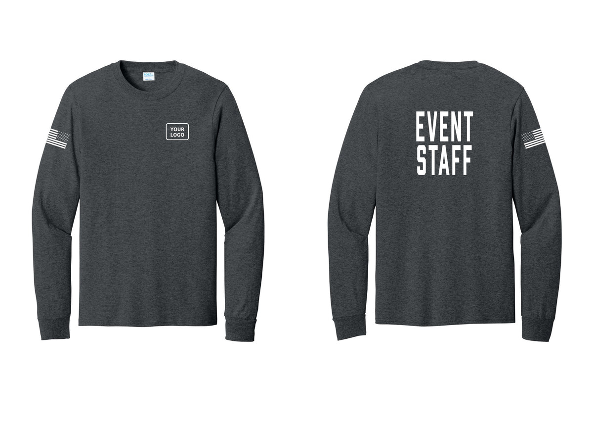 NYC Factory Custom Logo Event Staff Cotton Long Sleeve T-Shirt (Classic) - Your Logo + Back + US Flag Sleeve - Dark Heather Grey