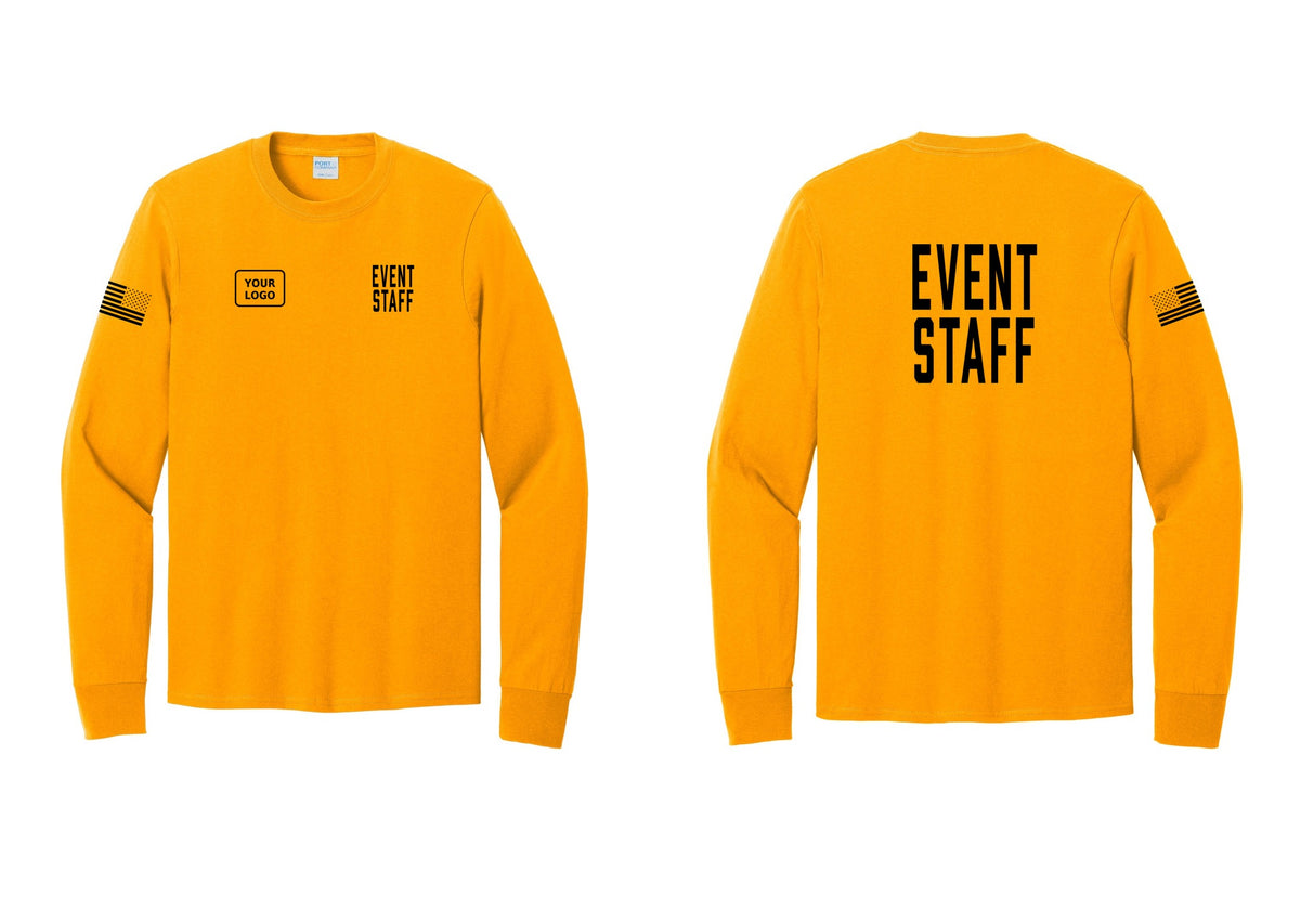 NYC Factory Custom Logo Event Staff Cotton Long Sleeve T-Shirt (Classic) - EVENT STAFF + Your Logo + Back + US Flag Sleeve - Gold