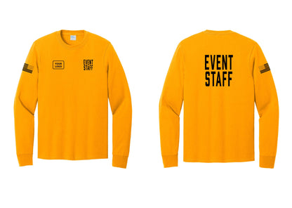 NYC Factory Custom Logo Event Staff Cotton Long Sleeve T-Shirt (Classic) - EVENT STAFF + Your Logo + Back + US Flag Sleeve - Gold
