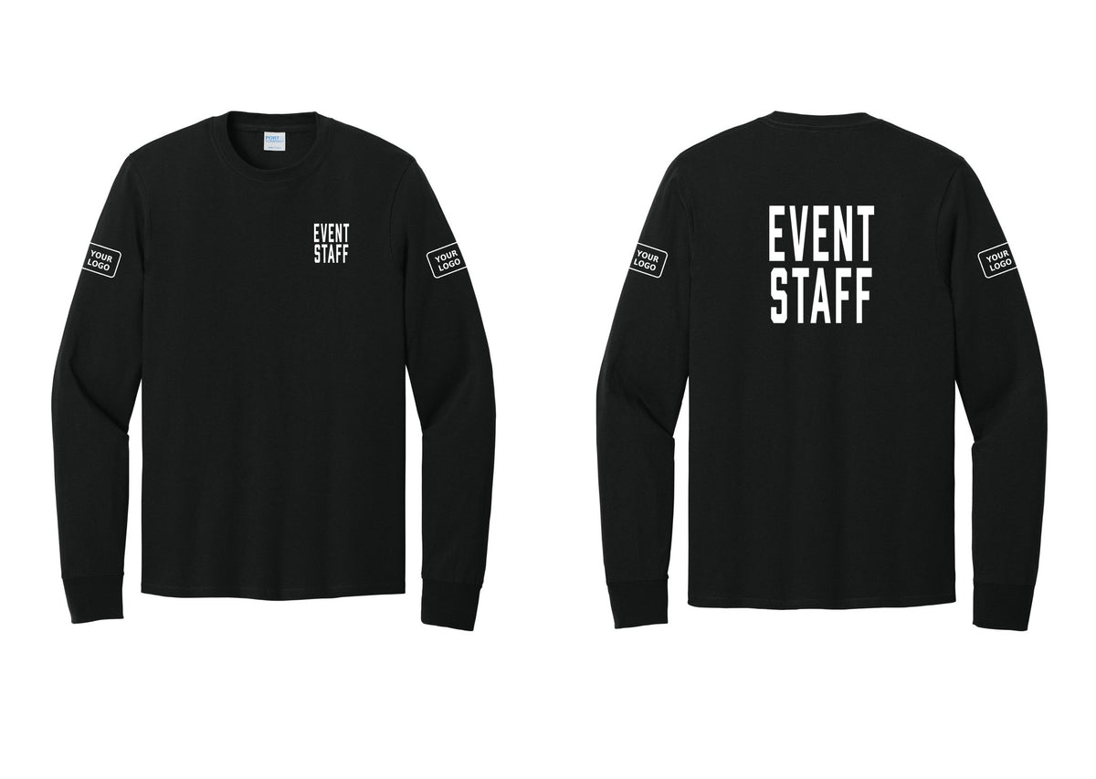 NYC Factory Custom Logo Event Staff Cotton Long Sleeve T-Shirt (Classic) - Chest + Back + Your Logo Sleeves - Black