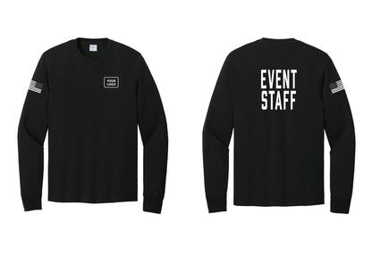 NYC Factory Custom Logo Event Staff Cotton Long Sleeve T-Shirt (Classic) - Your Logo + Back + US Flag Sleeve - Black