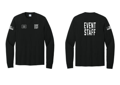 NYC Factory Custom Logo Event Staff Cotton Long Sleeve T-Shirt (Classic) - EVENT STAFF + Your Logo + Back + US Flag Sleeve - Black