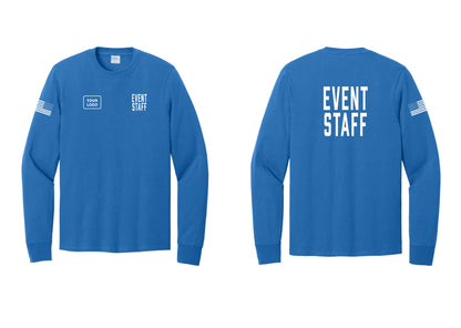 NYC Factory Custom Logo Event Staff Cotton Long Sleeve T-Shirt (Classic) - EVENT STAFF + Your Logo + Back + US Flag Sleeve - Royal