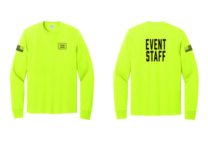 NYC Factory Custom Logo Event Staff Cotton Long Sleeve T-Shirt (Classic) - Your Logo + Back + US Flag Sleeve - Safety Green