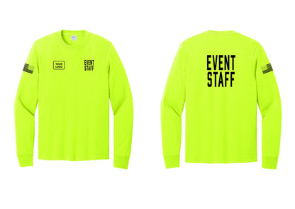NYC Factory Custom Logo Event Staff Cotton Long Sleeve T-Shirt (Classic) - EVENT STAFF + Your Logo + Back + US Flag Sleeve - Safety Green