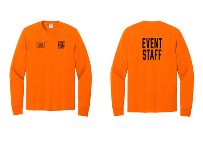 NYC Factory Custom Logo Event Staff Cotton Long Sleeve T-Shirt (Classic) - EVENT STAFF + Your Logo + Back - Safety Orange