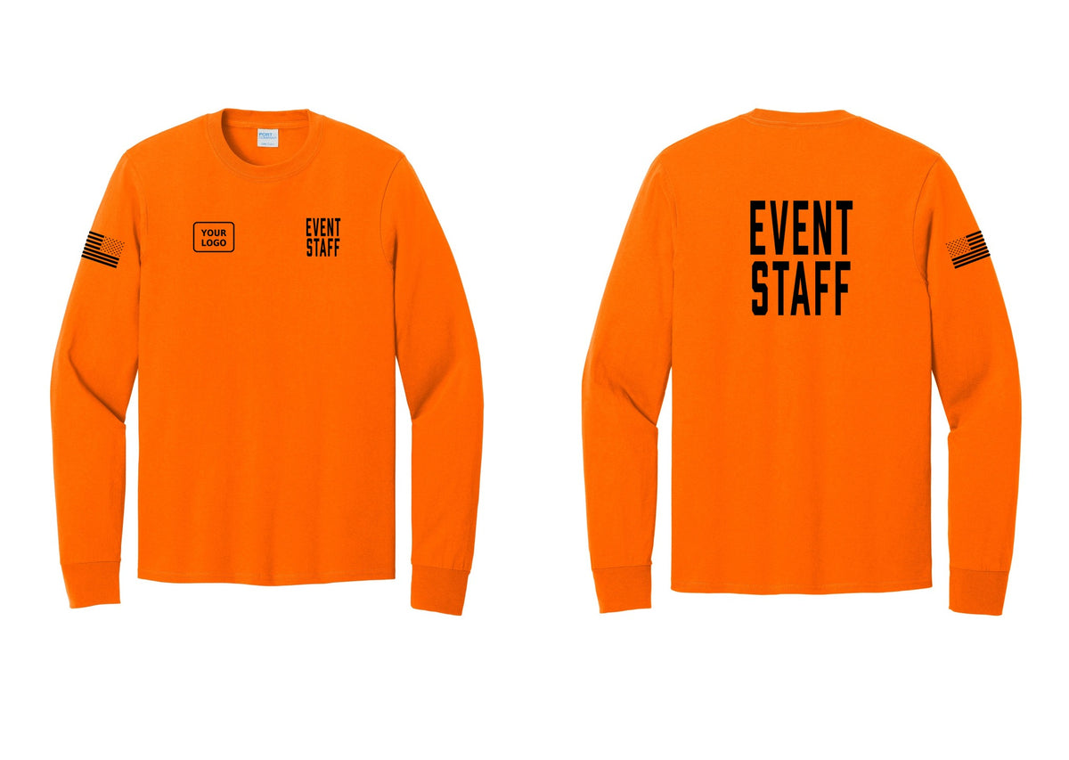 NYC Factory Custom Logo Event Staff Cotton Long Sleeve T-Shirt (Classic) - EVENT STAFF + Your Logo + Back + US Flag Sleeve - Safety Orange