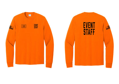 NYC Factory Custom Logo Event Staff Cotton Long Sleeve T-Shirt (Classic) - EVENT STAFF + Your Logo + Back + US Flag Sleeve - Safety Orange