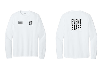 NYC Factory Custom Logo Event Staff Cotton Long Sleeve T-Shirt (Classic) - EVENT STAFF + Your Logo + Back - White