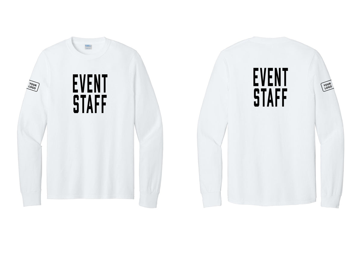 NYC Factory Custom Logo Event Staff Cotton Long Sleeve T-Shirt (Classic) - Front + Back + Your Logo Sleeve - White