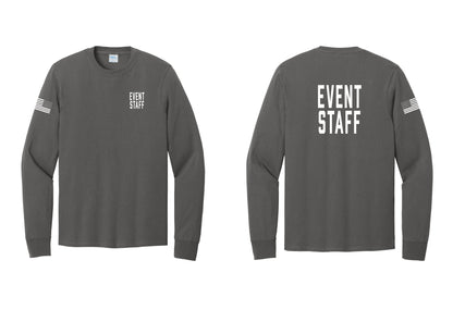 NYC Factory Event Staff Cotton Long Sleeve T-Shirt (Classic) - Chest + Back + US Flag Sleeve - Charcoal