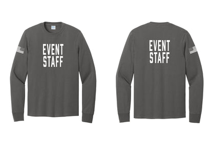 NYC Factory Event Staff Cotton Long Sleeve T-Shirt (Classic) - Front + Back + US Flag Sleeve - Charcoal