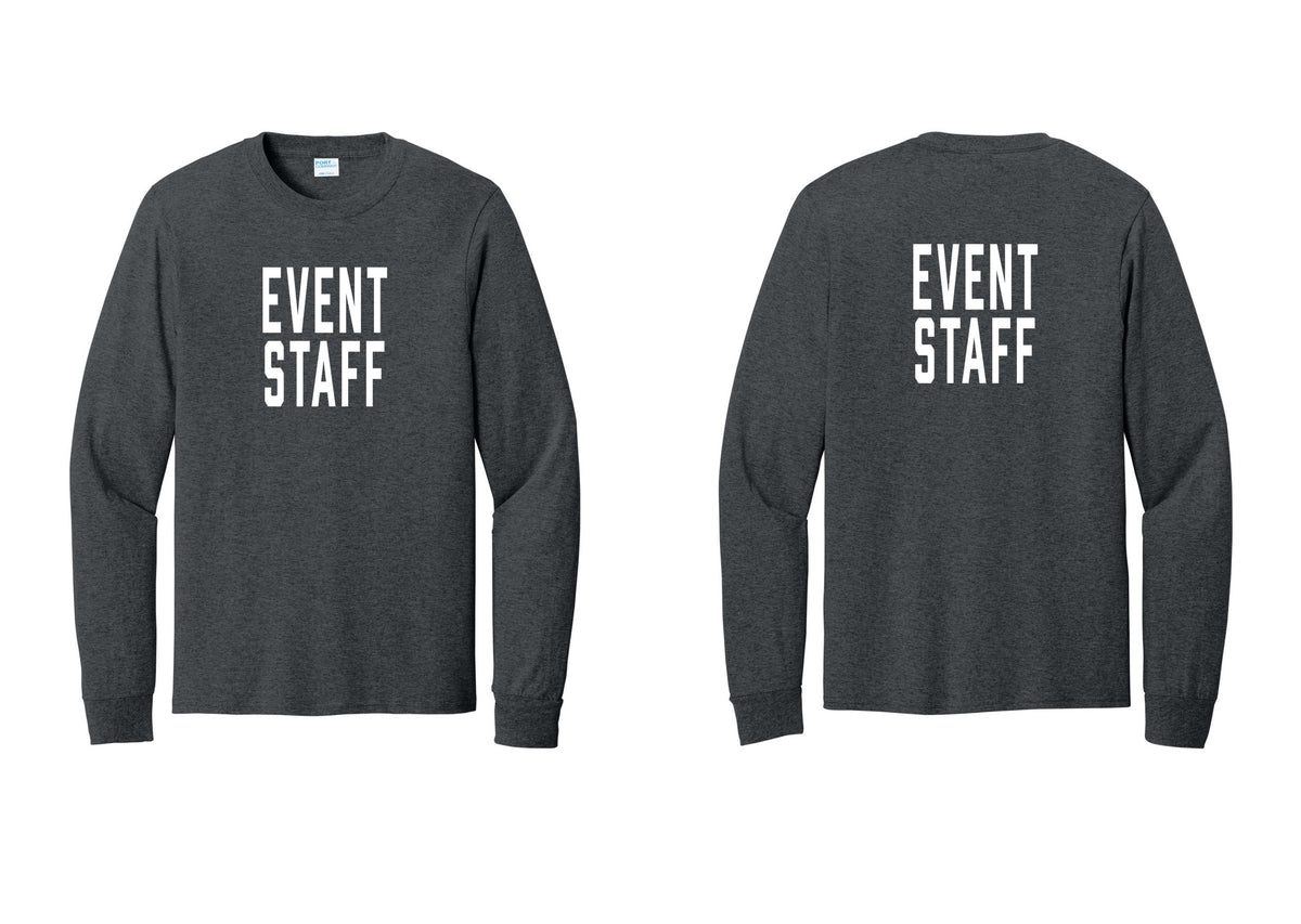 NYC Factory Event Staff Cotton Long Sleeve T-Shirt (Classic) - Front + Back - Dark Heather Grey