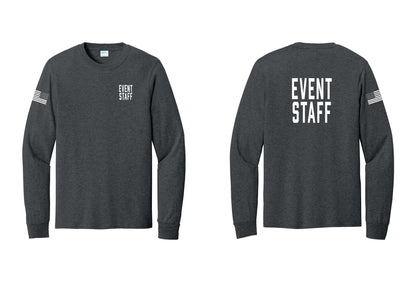 NYC Factory Event Staff Cotton Long Sleeve T-Shirt (Classic) - Chest + Back + US Flag Sleeve - Dark Heather Grey