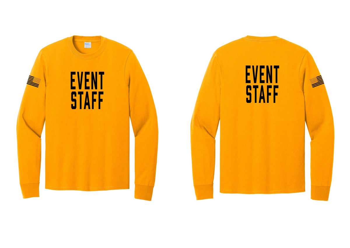 NYC Factory Event Staff Cotton Long Sleeve T-Shirt (Classic) - Front + Back + US Flag Sleeve - Gold