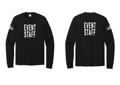 NYC Factory Event Staff Cotton Long Sleeve T-Shirt (Classic) - Front + Back + US Flag Sleeve - Black