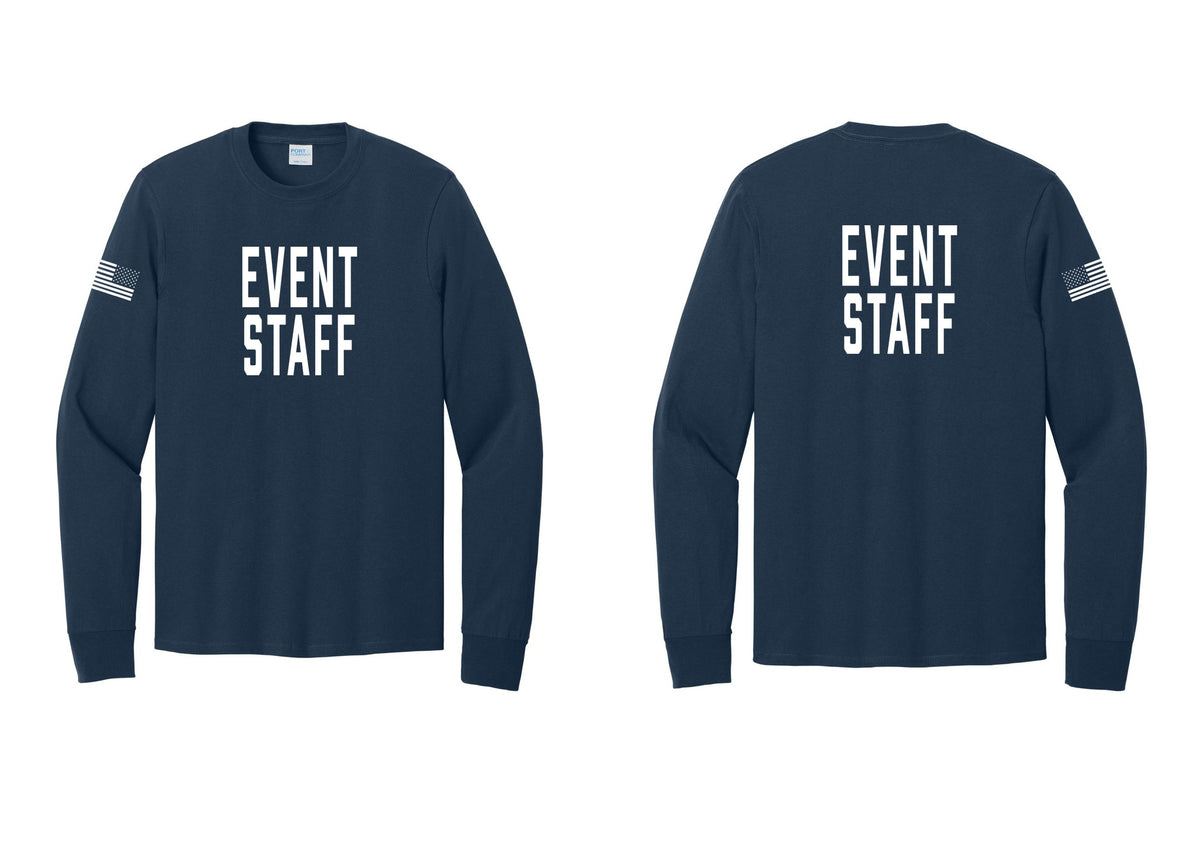 NYC Factory Event Staff Cotton Long Sleeve T-Shirt (Classic) - Front + Back + US Flag Sleeve - Navy