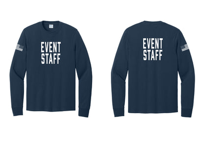 NYC Factory Event Staff Cotton Long Sleeve T-Shirt (Classic) - Front + Back + US Flag Sleeve - Navy