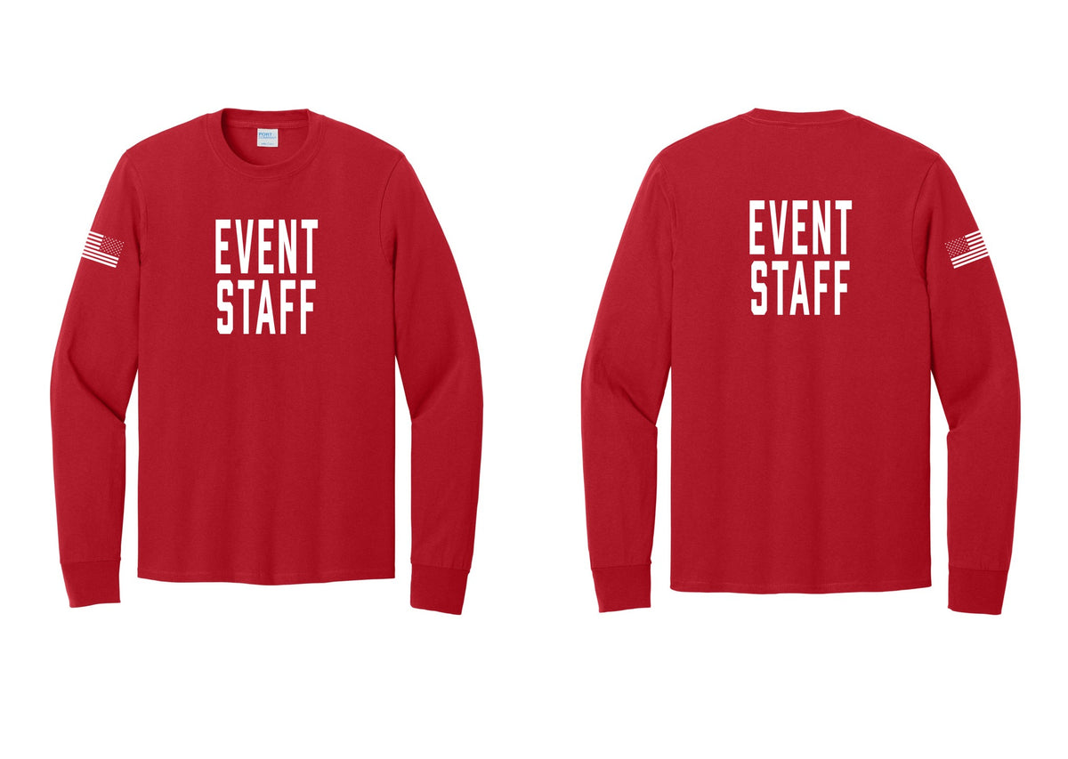 NYC Factory Event Staff Cotton Long Sleeve T-Shirt (Classic) - Front + Back + US Flag Sleeve - Red