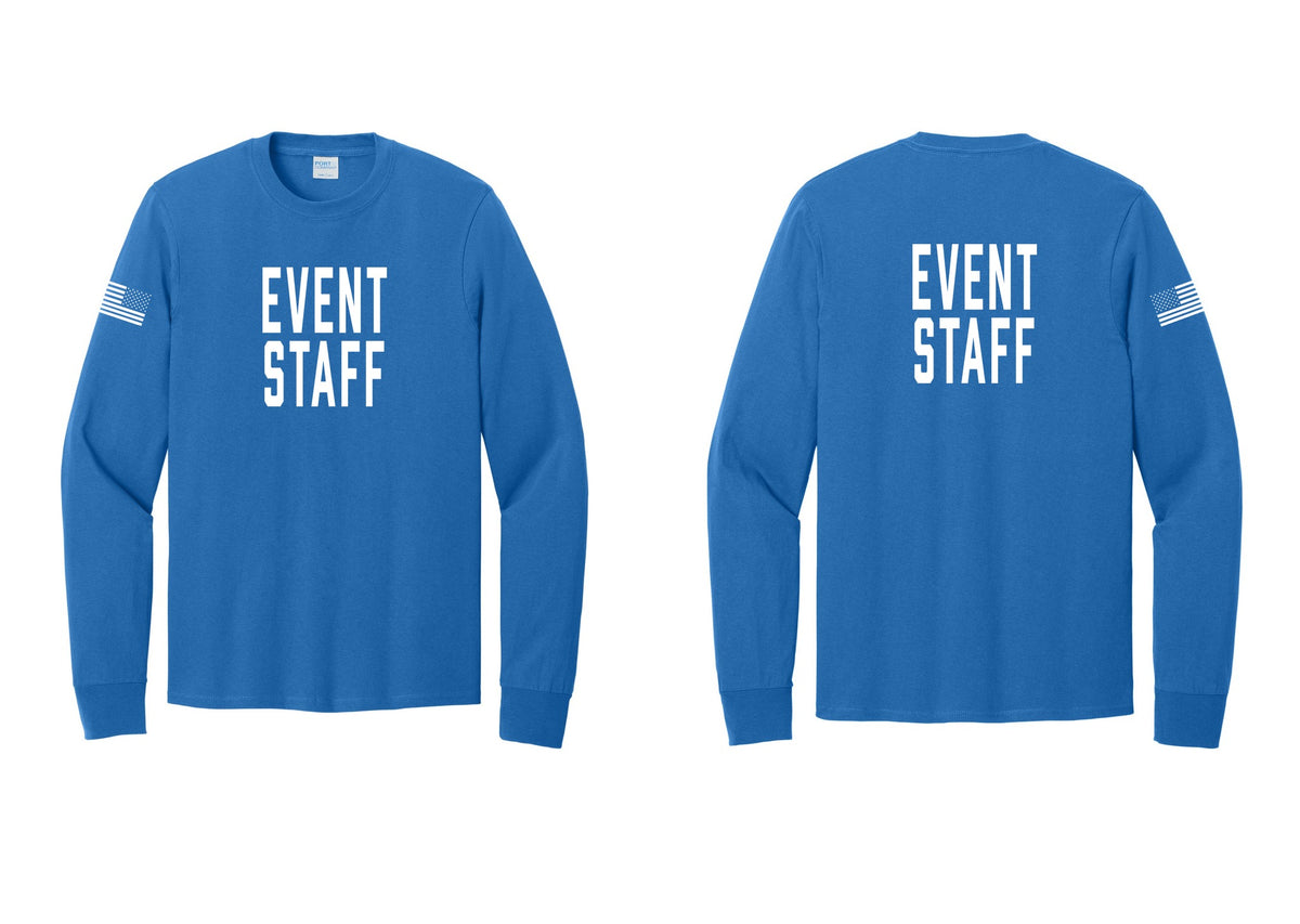 NYC Factory Event Staff Cotton Long Sleeve T-Shirt (Classic) - Front + Back + US Flag Sleeve - Royal