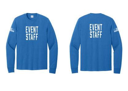 NYC Factory Event Staff Cotton Long Sleeve T-Shirt (Classic) - Front + Back + US Flag Sleeve - Royal