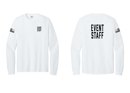 NYC Factory Event Staff Cotton Long Sleeve T-Shirt (Classic) - Chest + Back + US Flag Sleeve - White