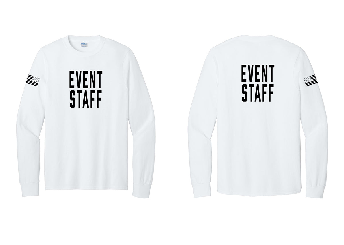 NYC Factory Event Staff Cotton Long Sleeve T-Shirt (Classic) - Front + Back + US Flag Sleeve - White