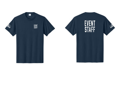 NYC Factory Event Staff T-Shirt, Condensed Lettering - Chest + Back + US Flag Sleeve - Navy