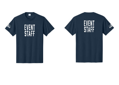 NYC Factory Event Staff T-Shirt, Condensed Lettering - Front + Back + US Flag Sleeve - Navy