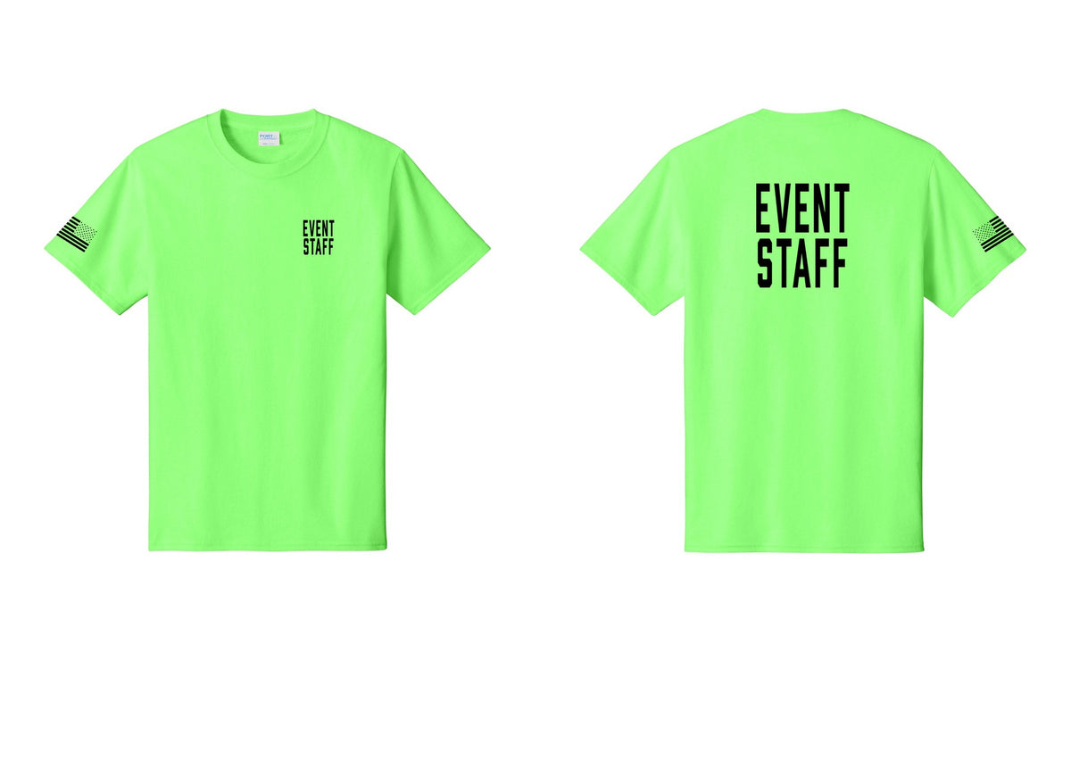 NYC Factory Event Staff T-Shirt, Condensed Lettering - Chest + Back + US Flag Sleeve - Neon Green