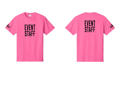 NYC Factory Event Staff T-Shirt, Condensed Lettering - Front + Back + US Flag Sleeve - Neon Pink