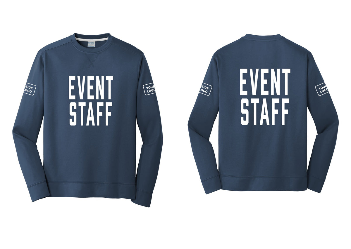 NYC Factory Custom Logo Event Staff Performance Fleece Crewneck Sweatshirt (Classic) - Front + Back + Your Logo Sleeves - Navy