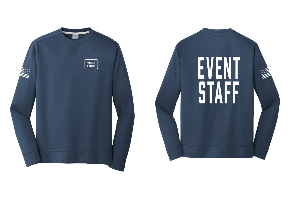 NYC Factory Custom Logo Event Staff Performance Fleece Crewneck Sweatshirt (Classic) - Your Logo + Back + US Flag Sleeve - Navy