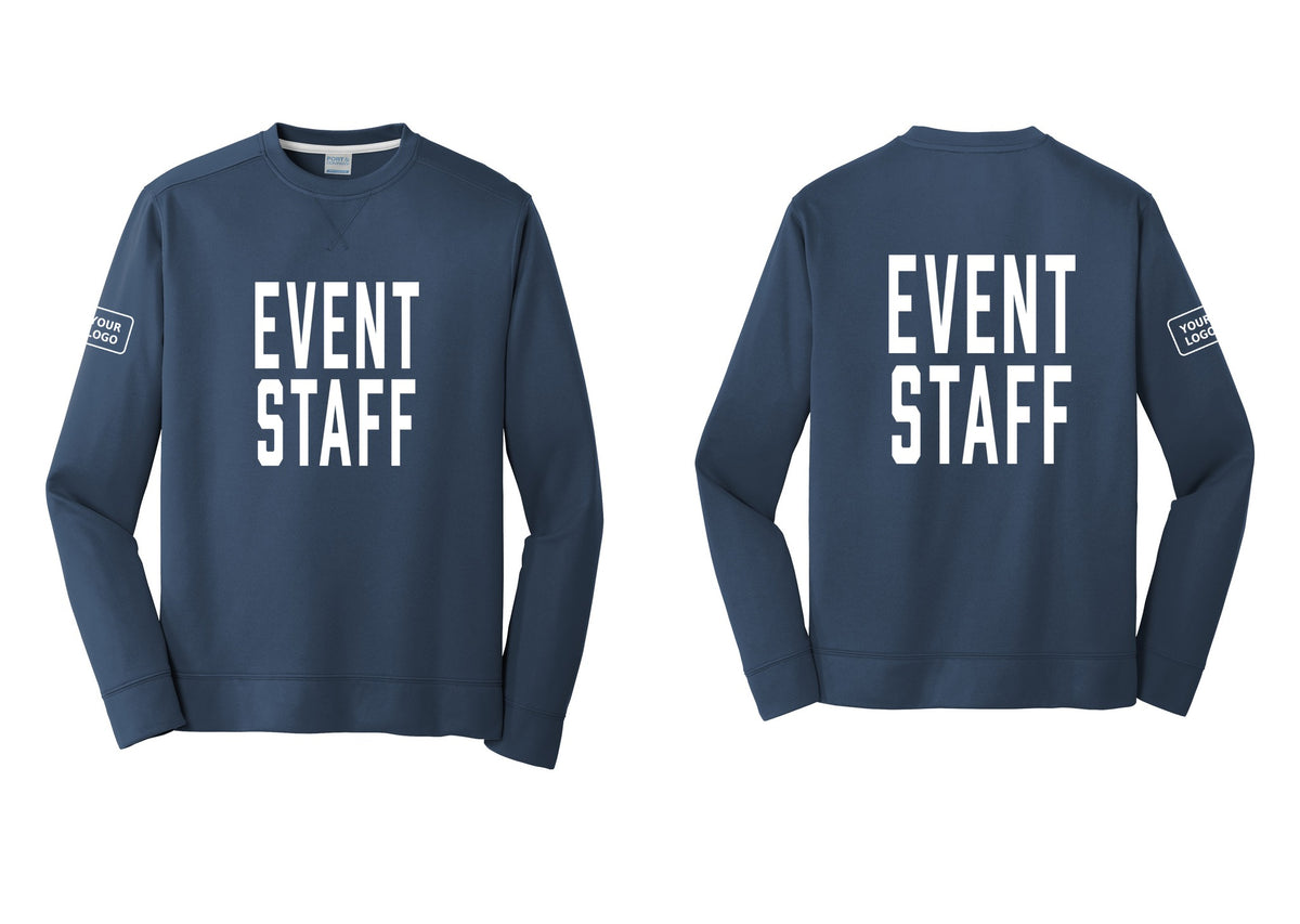 NYC Factory Custom Logo Event Staff Performance Fleece Crewneck Sweatshirt (Classic) - Front + Back + Your Logo Sleeve - Navy
