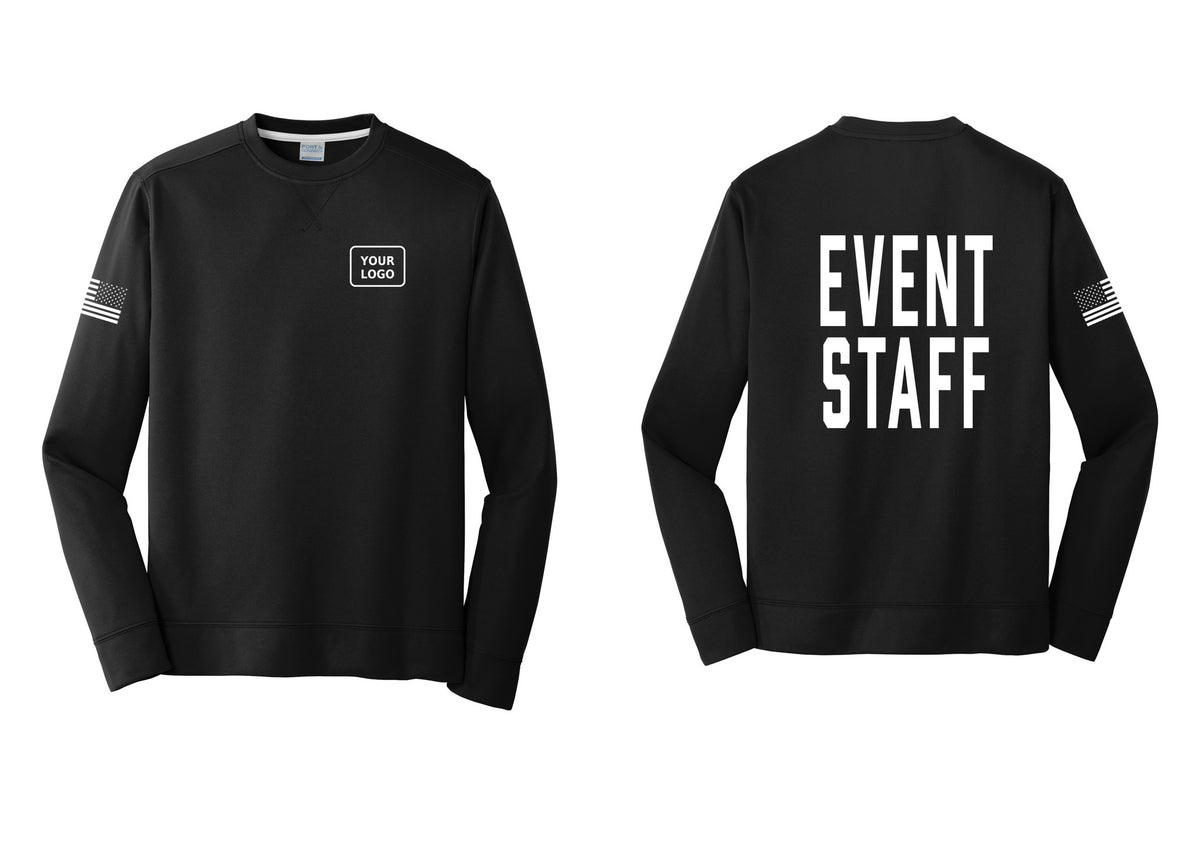 NYC Factory Custom Logo Event Staff Performance Fleece Crewneck Sweatshirt (Classic) - Your Logo + Back + US Flag Sleeve - Black