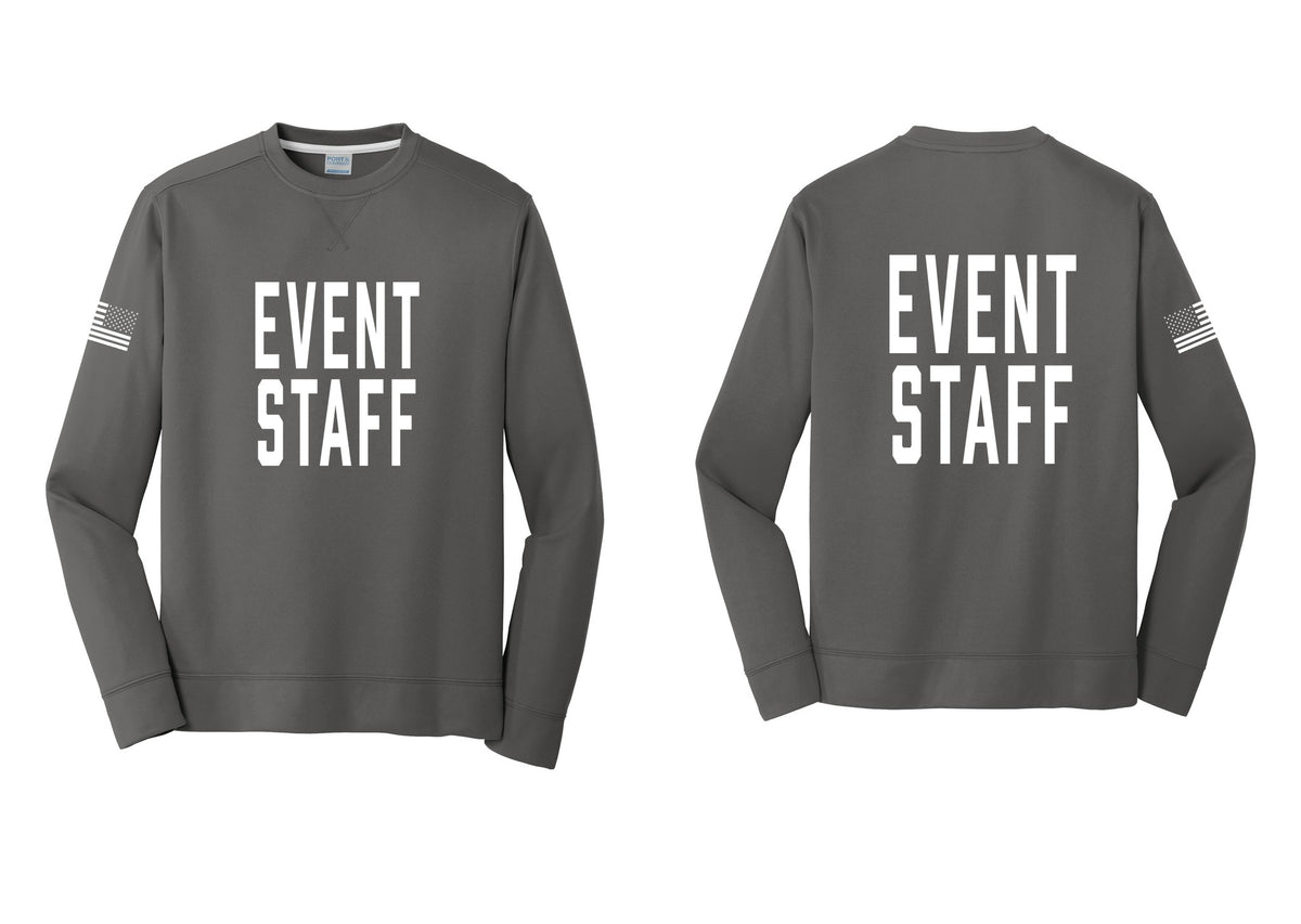 NYC Factory Event Staff Performance Fleece Crewneck Sweatshirt (Classic) - Front + Back + US Flag Sleeve - Charcoal