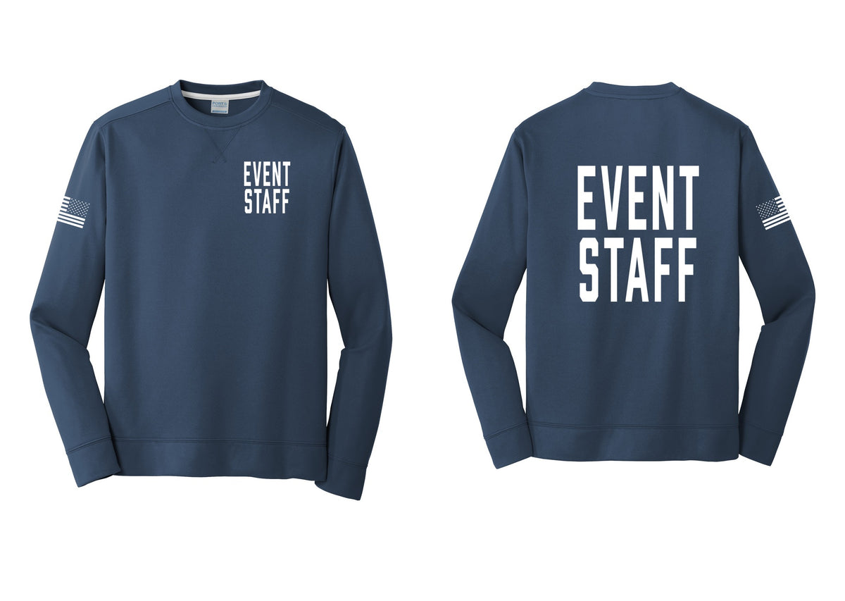 NYC Factory Event Staff Performance Fleece Crewneck Sweatshirt (Classic) - Chest + Back + US Flag Sleeve - Navy