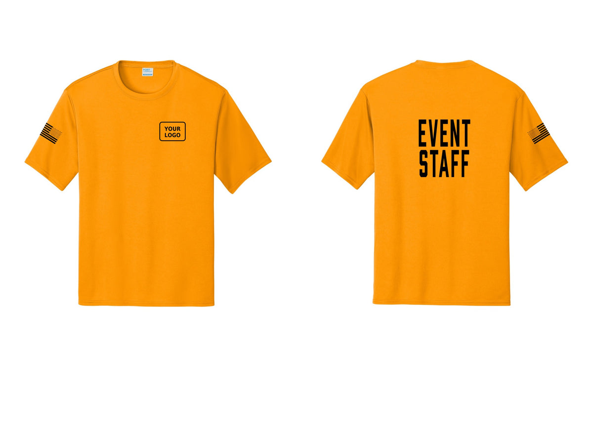 NYC Factory Custom Logo Event Staff Performance T-Shirt (Classic) - Your Logo + Back + US Flag Sleeve - Gold