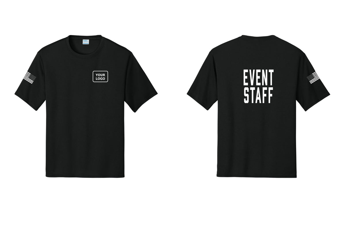NYC Factory Custom Logo Event Staff Performance T-Shirt (Classic) - Your Logo + Back + US Flag Sleeve - Black