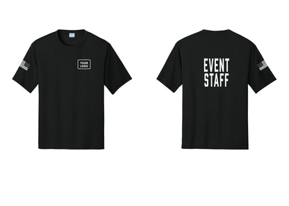NYC Factory Custom Logo Event Staff Performance T-Shirt (Classic) - Your Logo + Back + US Flag Sleeve - Black