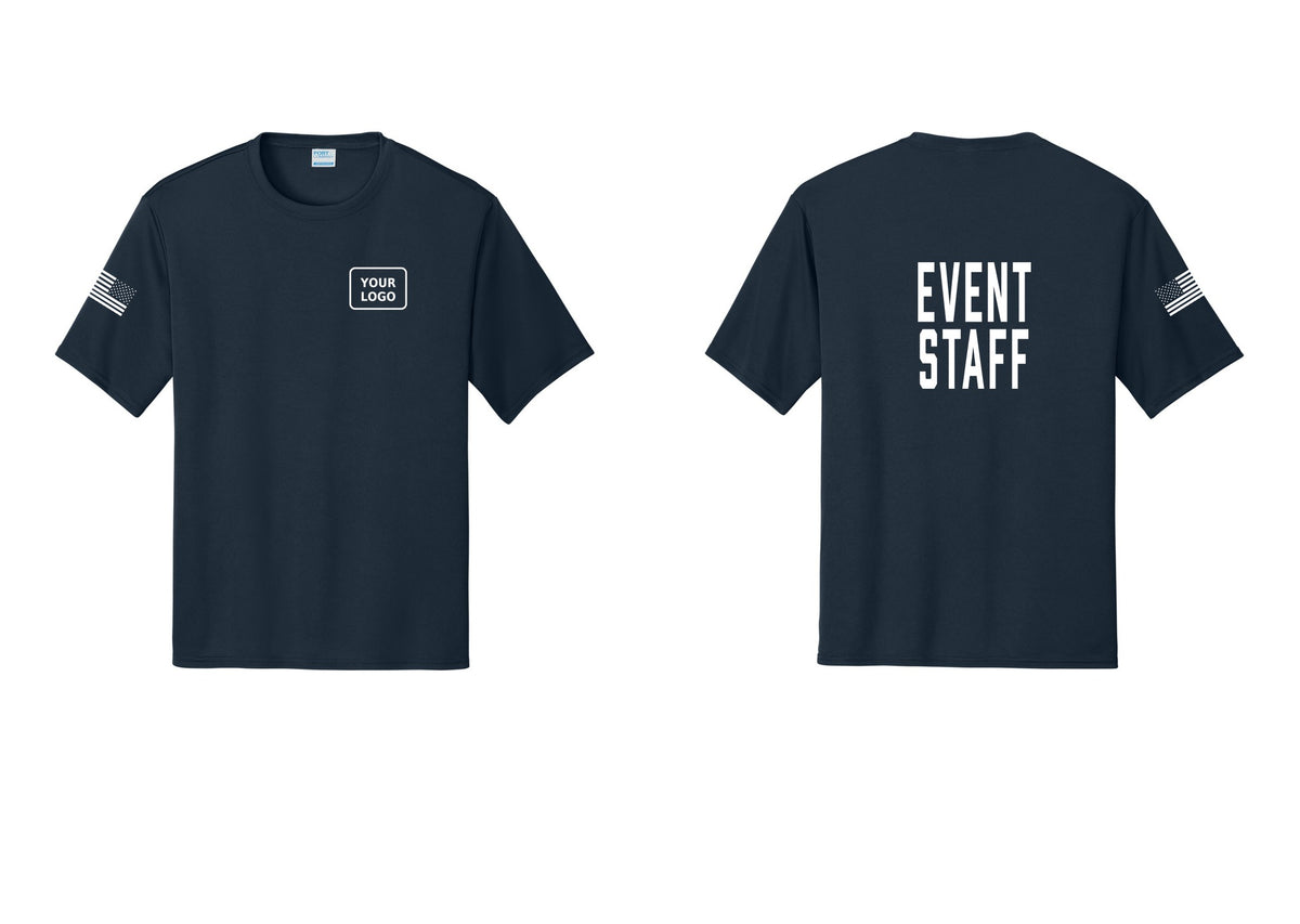 NYC Factory Custom Logo Event Staff Performance T-Shirt (Classic) - Your Logo + Back + US Flag Sleeve - Navy