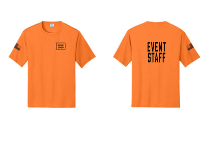 NYC Factory Custom Logo Event Staff Performance T-Shirt (Classic) - Your Logo + Back + US Flag Sleeve - Neon Orange