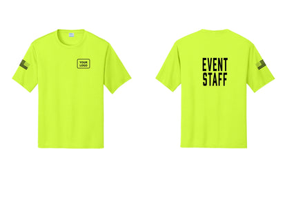 NYC Factory Custom Logo Event Staff Performance T-Shirt (Classic) - Your Logo + Back + US Flag Sleeve - Neon Yellow