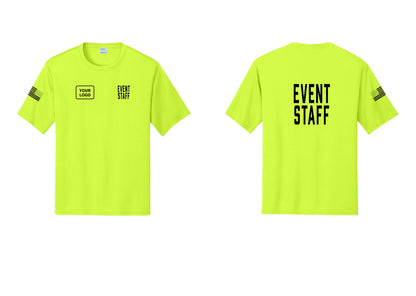 NYC Factory Custom Logo Event Staff Performance T-Shirt (Classic) - EVENT STAFF + Your Logo + Back + US Flag Sleeve - Neon Yellow