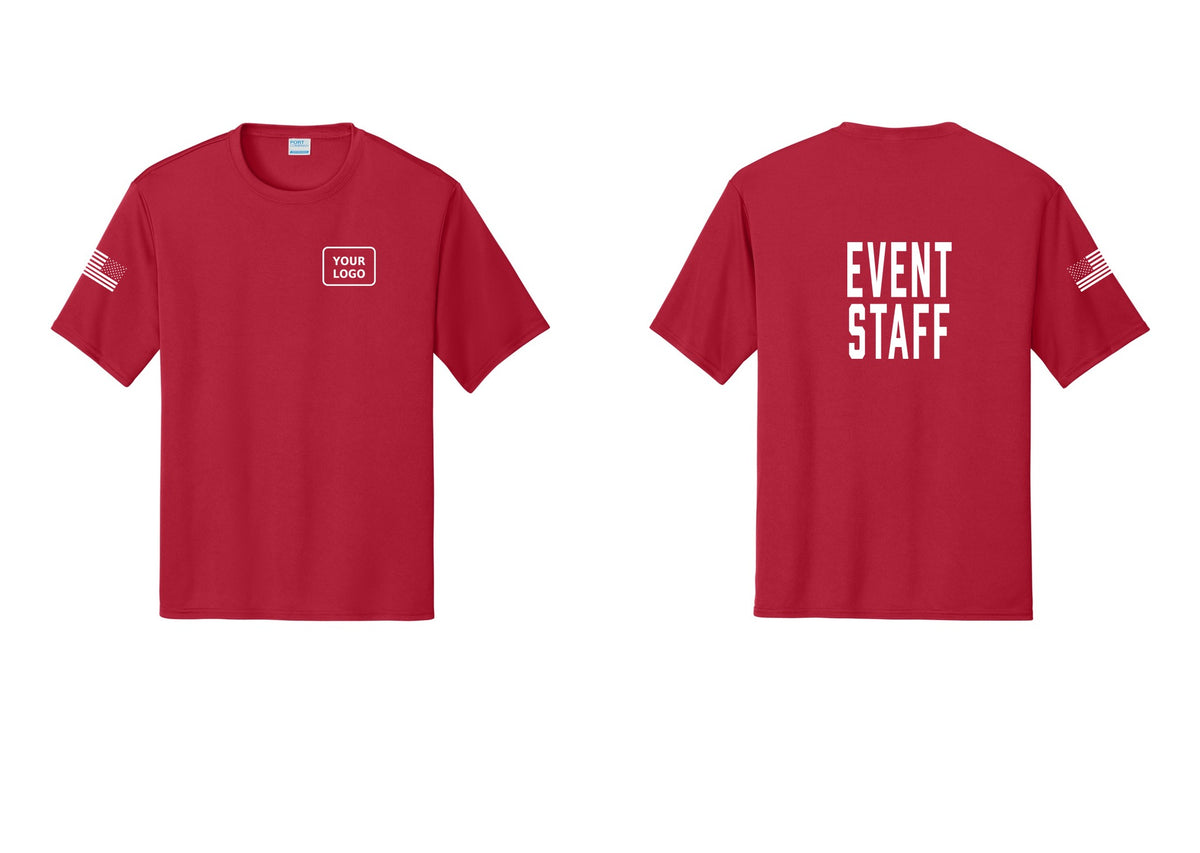 NYC Factory Custom Logo Event Staff Performance T-Shirt (Classic) - Your Logo + Back + US Flag Sleeve - Red