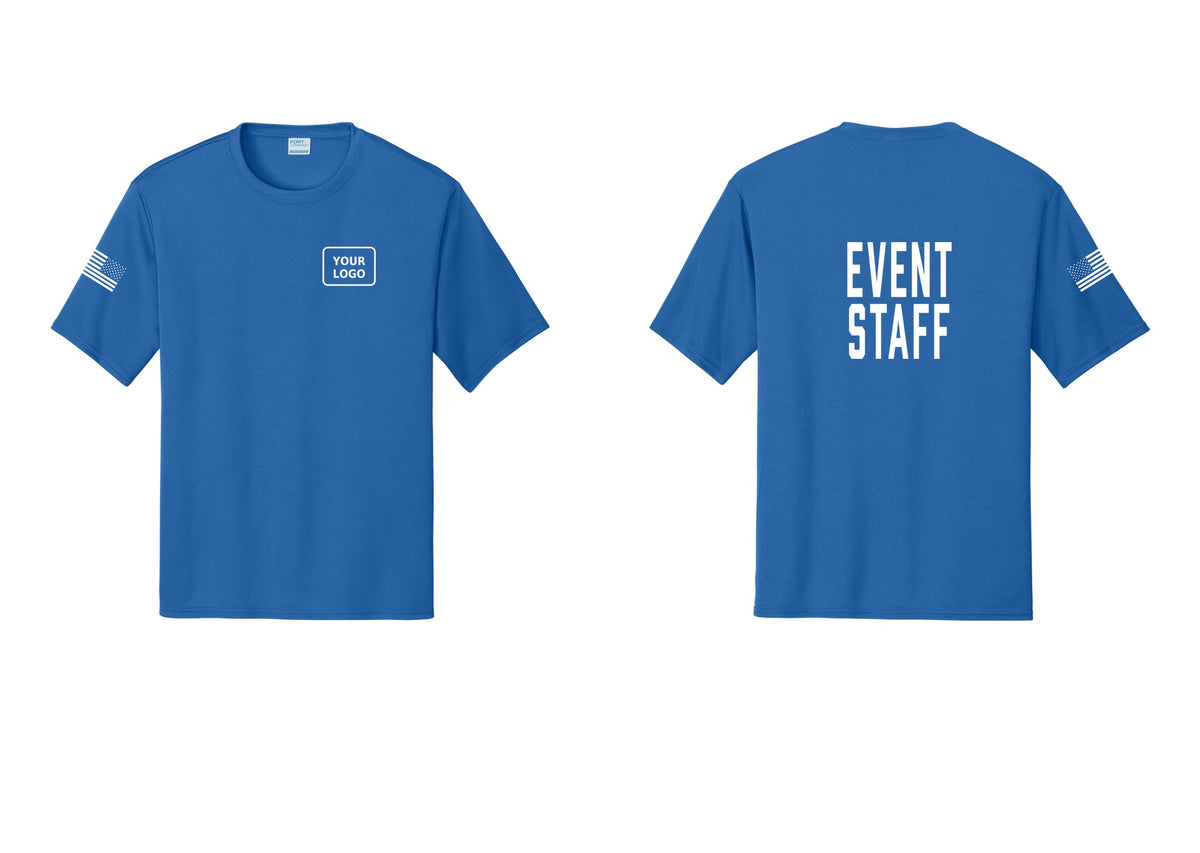 NYC Factory Custom Logo Event Staff Performance T-Shirt (Classic) - Your Logo + Back + US Flag Sleeve - Royal